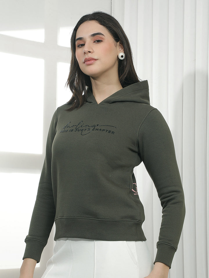 Olive Typographic Print Hooded Neck Sweatshirt