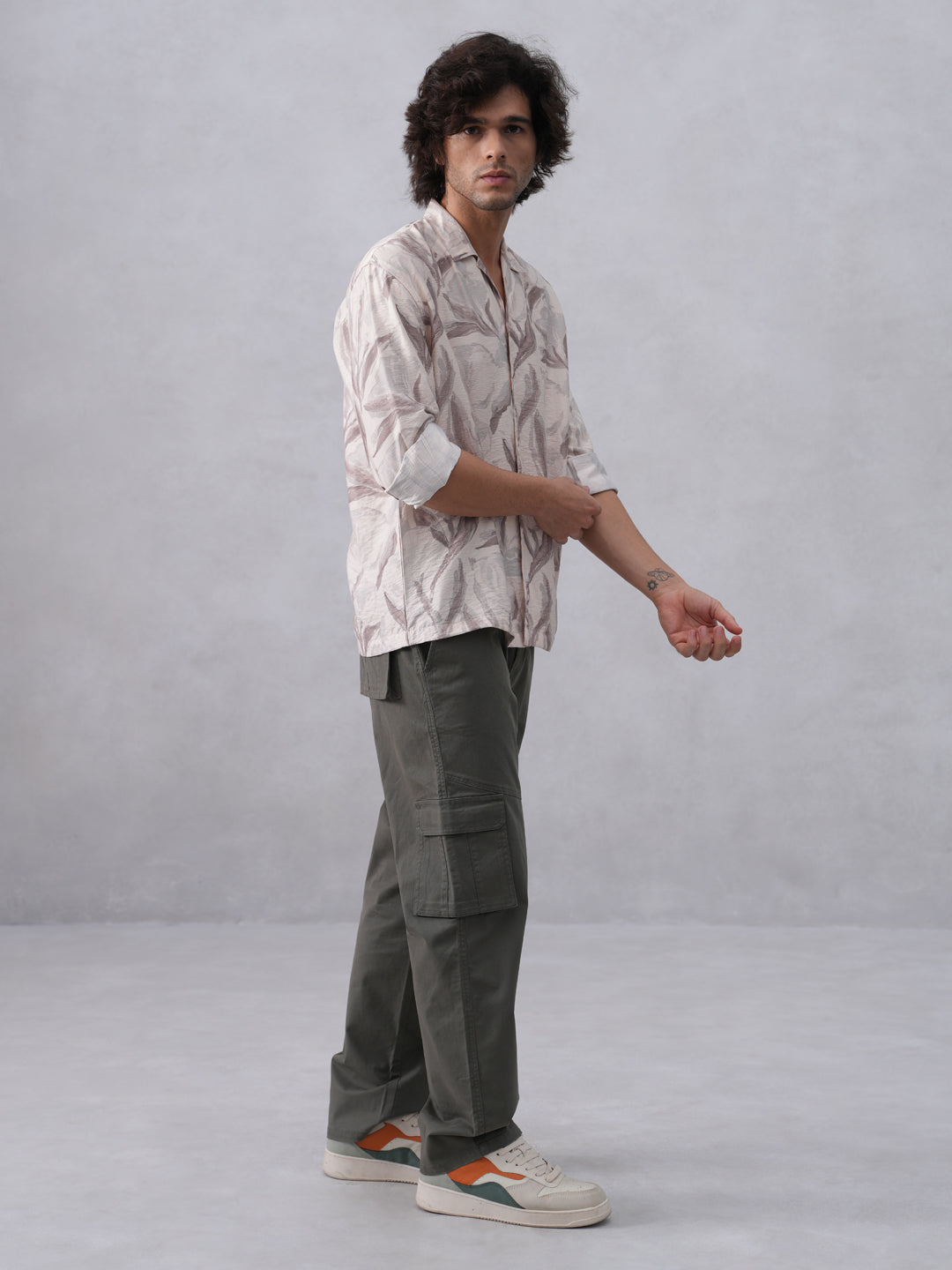 Beige Floral Print Resort-Collar Shirt