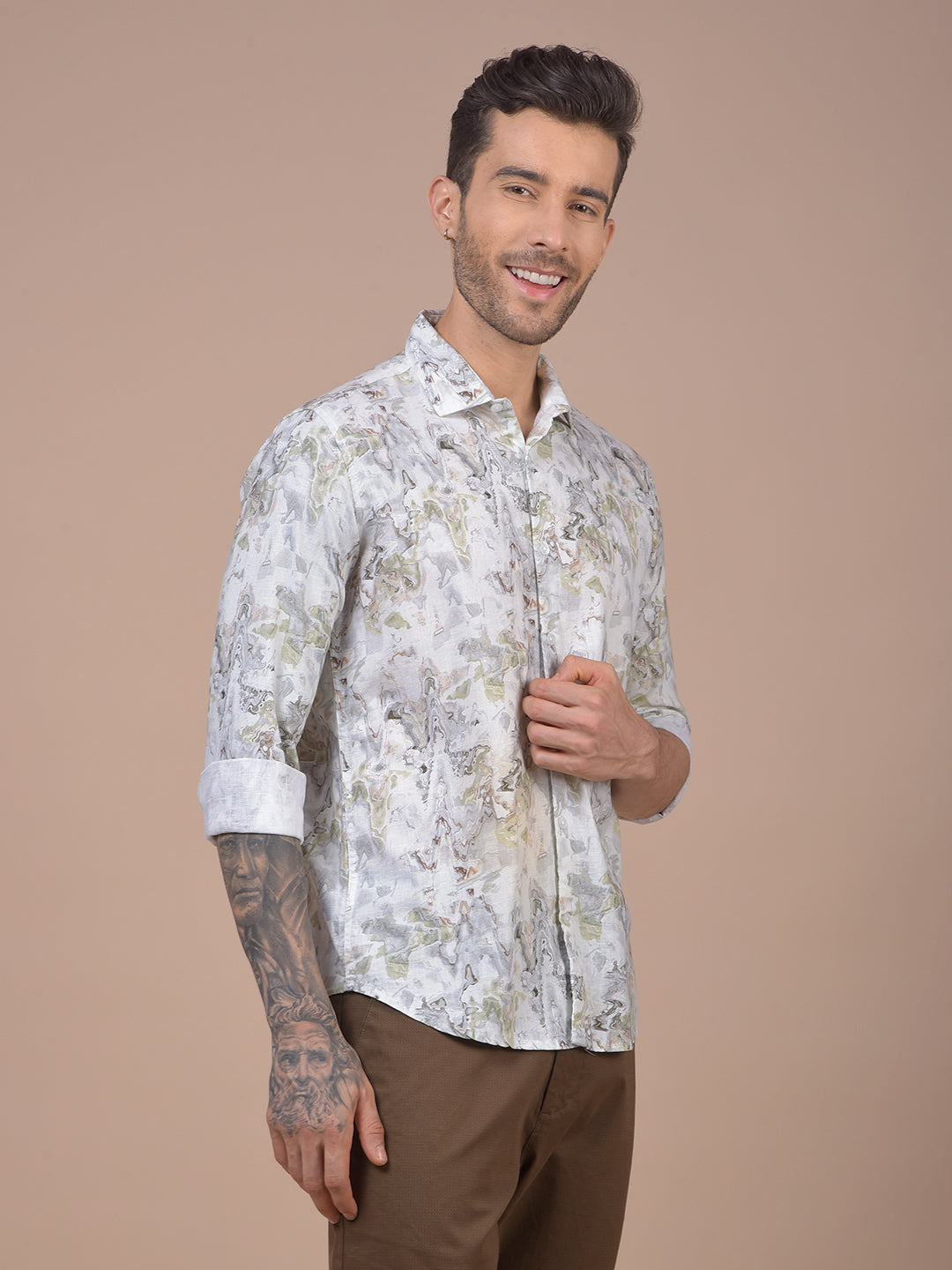 Green Abstract Print Linen Shirt