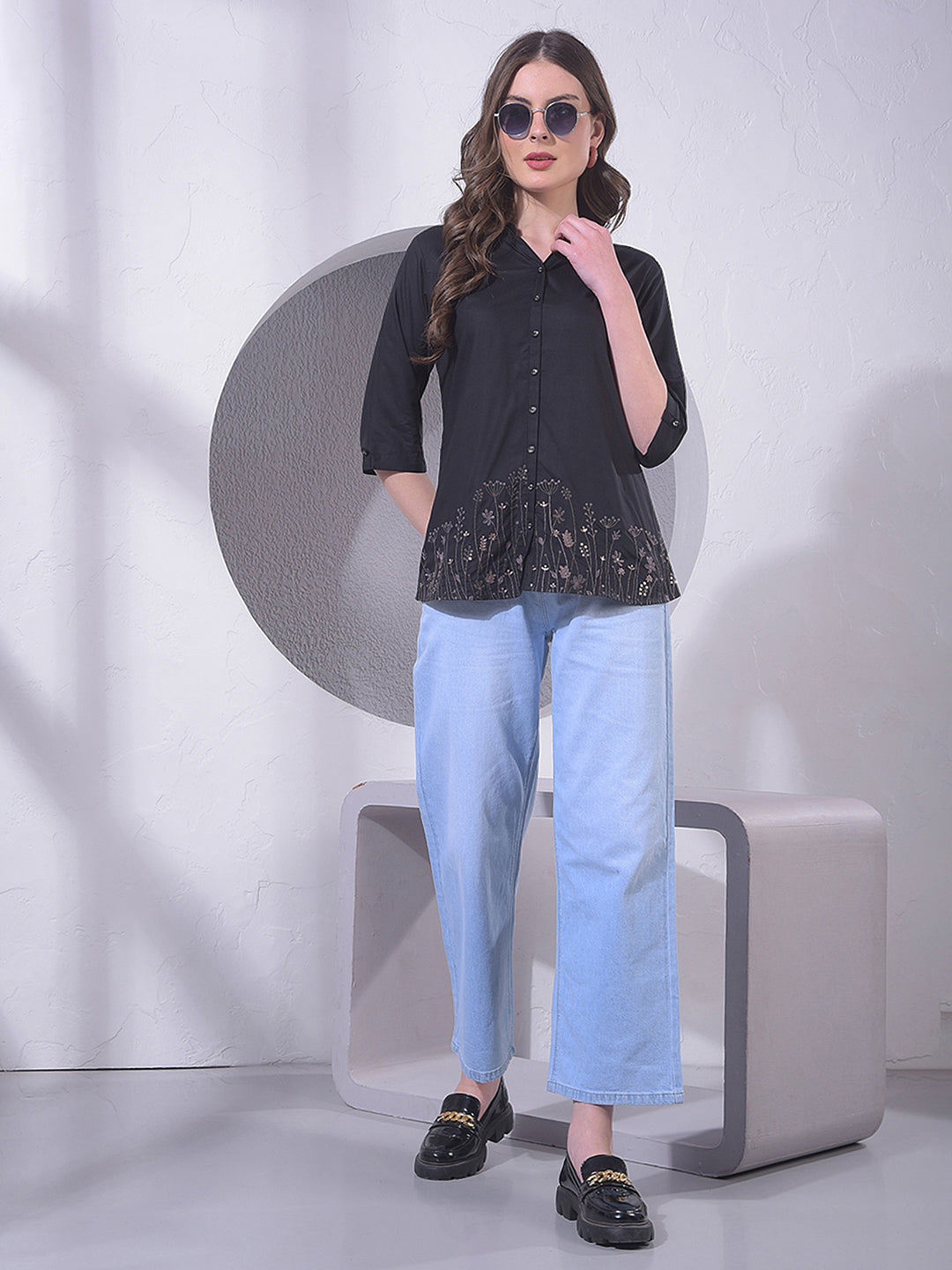 Black Embroidered V-Neck Shirt