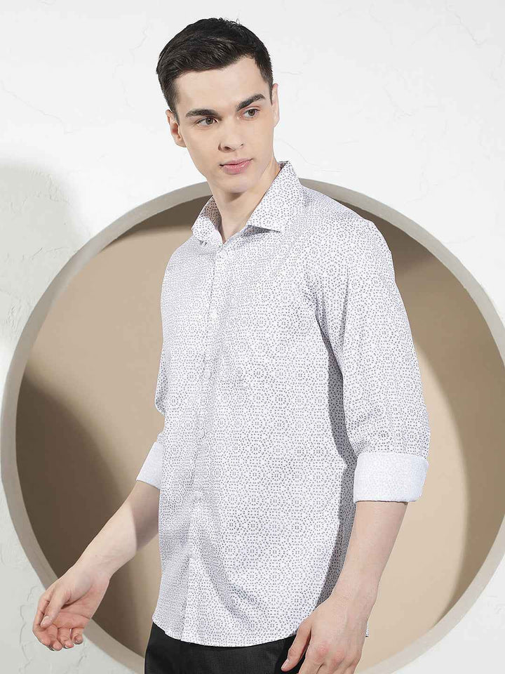 White Geometric Print 100% Cotton Shirt