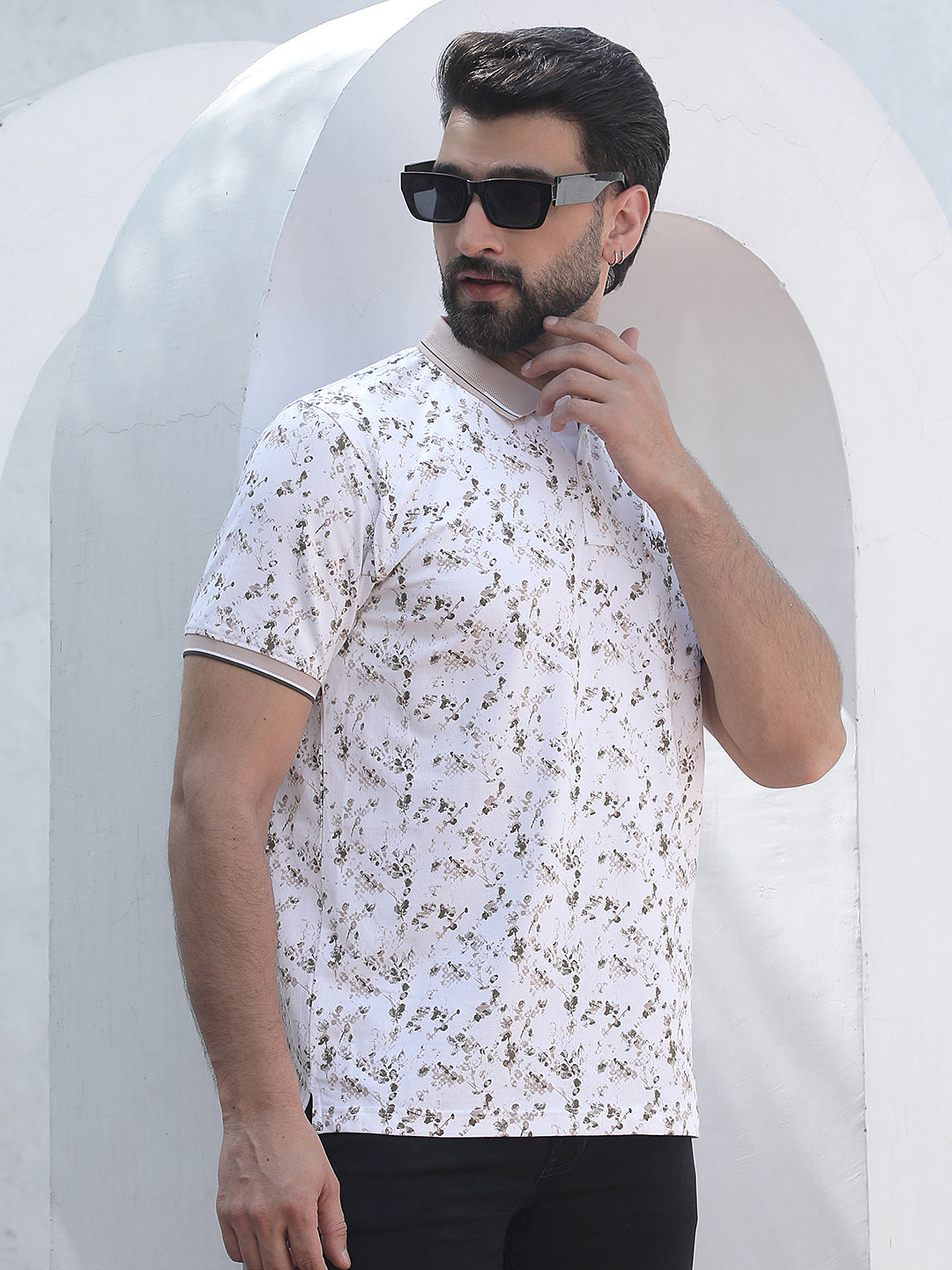 Beige Printed Polo Neck T-Shirt
