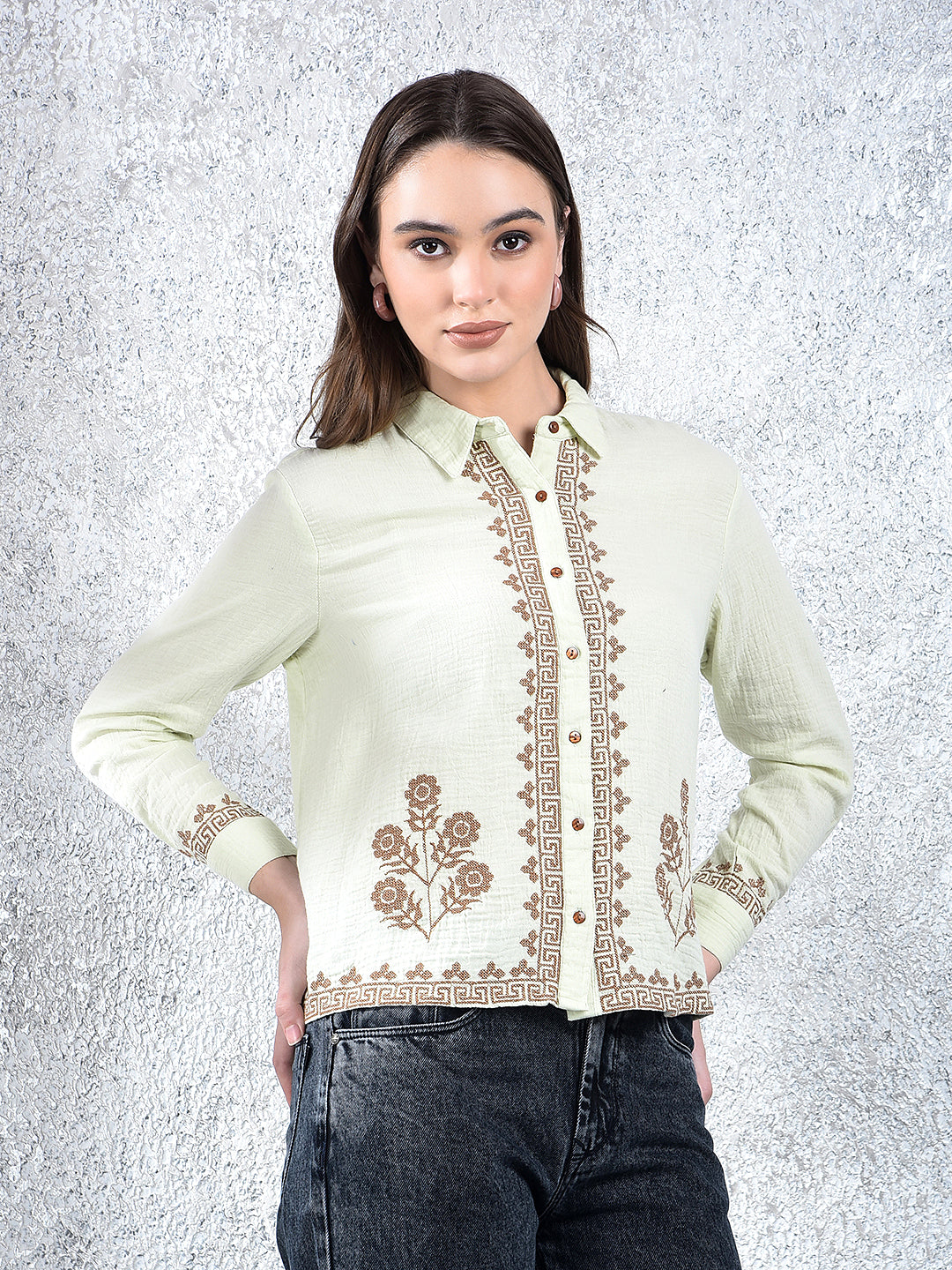 Green Embroidered 100% Cotton Shirt