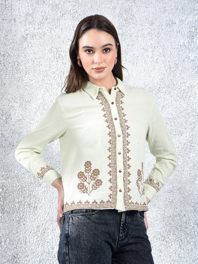 Green Embroidered 100% Cotton Shirt