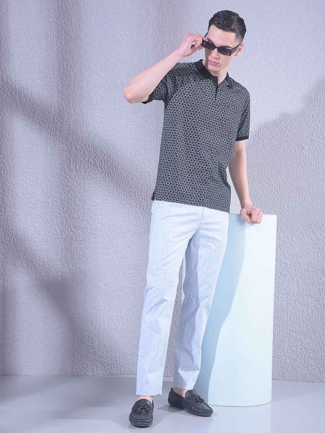 Black Printed Polo Neck T-Shirt