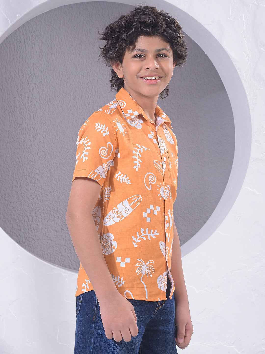 Orange Motif Print 100% Cotton Shirt