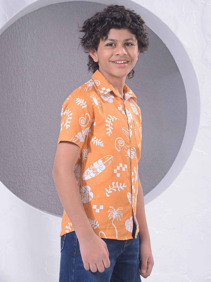 Orange Motif Print 100% Cotton Shirt