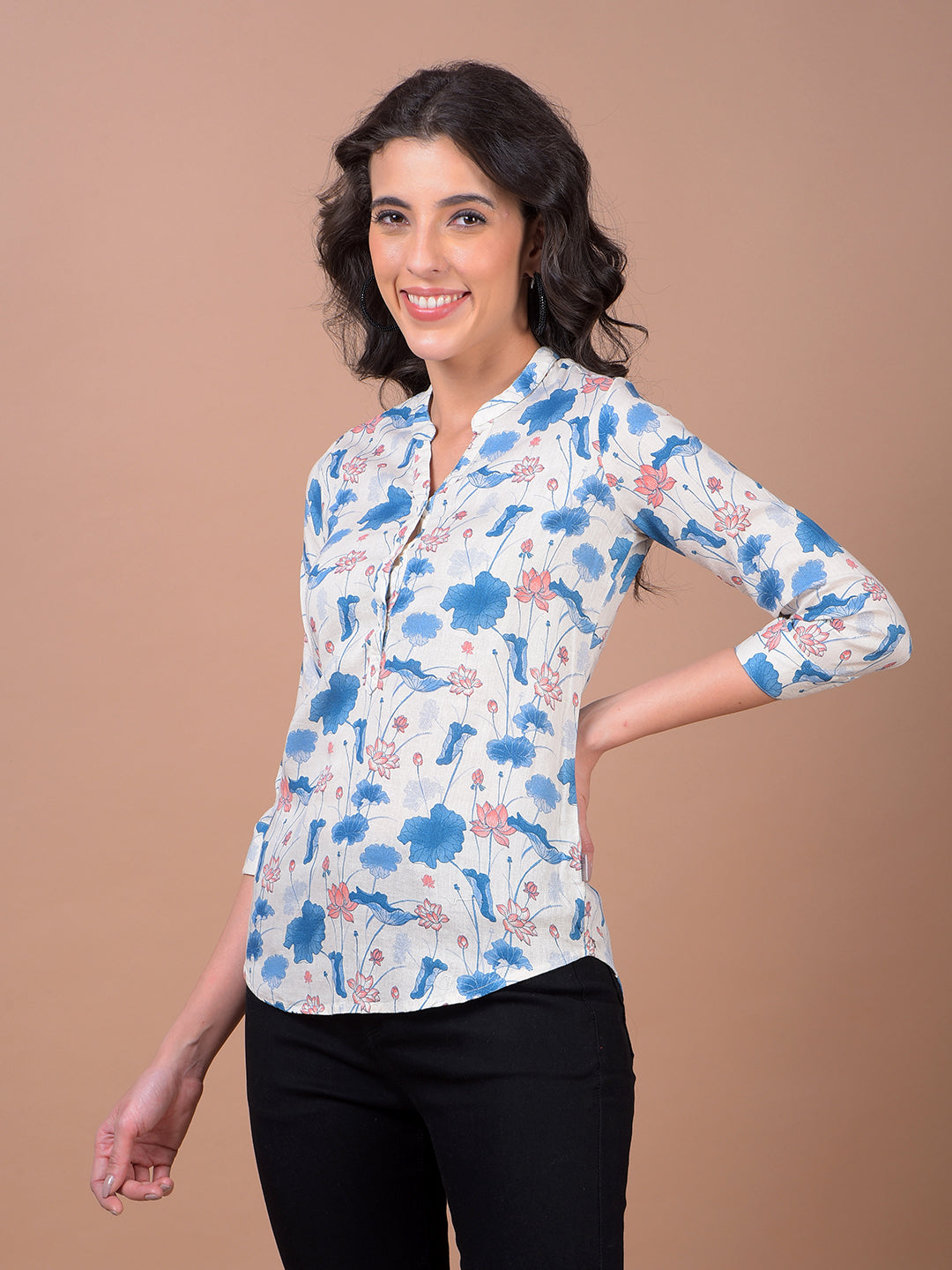 Blue Floral Print V-Neck Linen Top