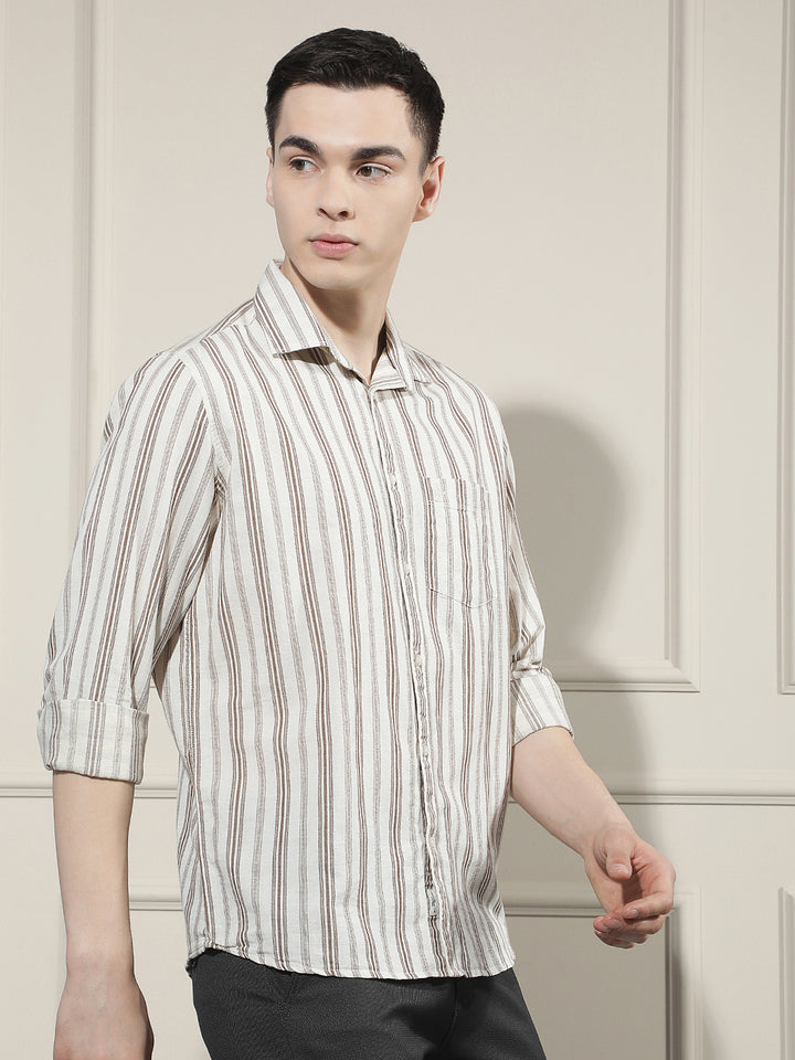 Brown Vertical Stripes Linen Shirt