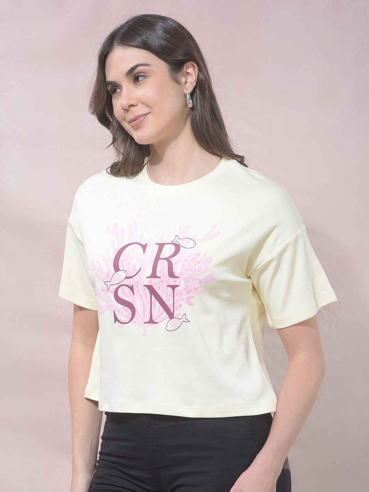 Yellow Typographic Print Cropped T-Shirt
