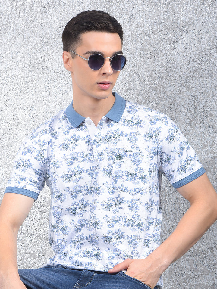 Green Floral Print Polo-Neck T-Shirt