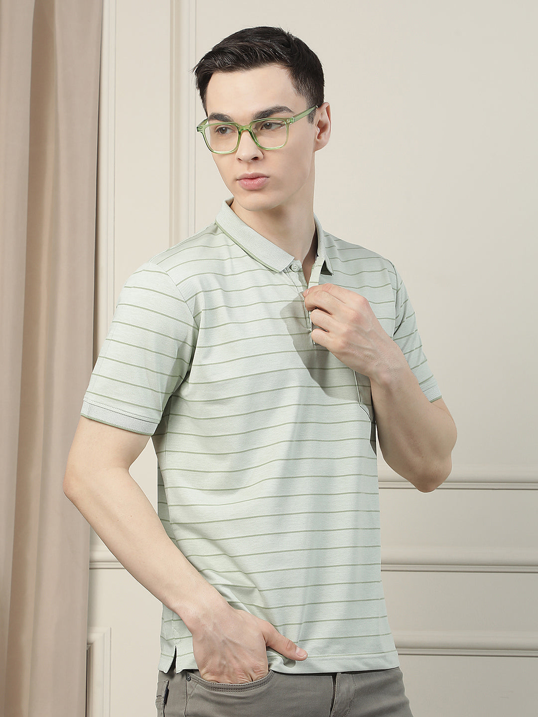 Beige Horizontal Stripes Polo Neck T-Shirt