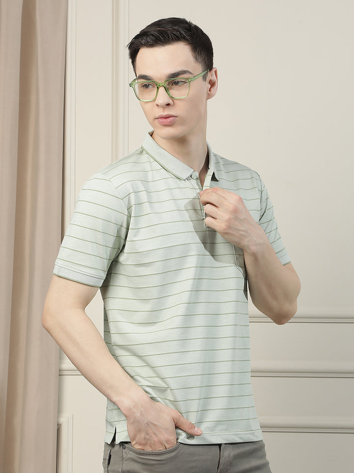 Beige Horizontal Stripes Polo Neck T-Shirt