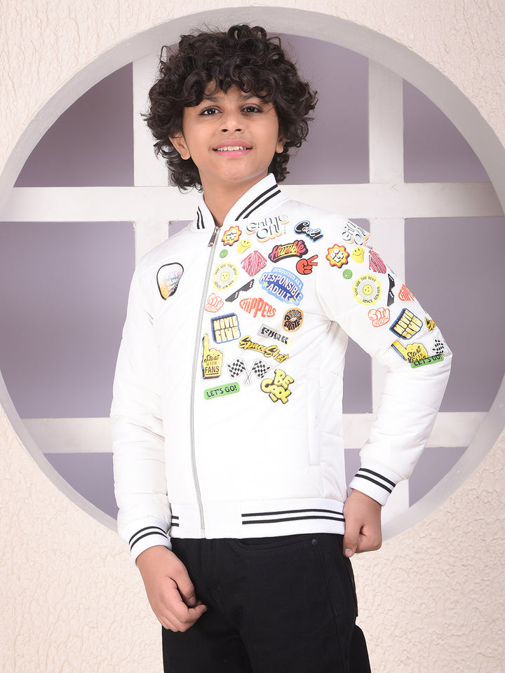 White Typographic Print Puffer Jacket