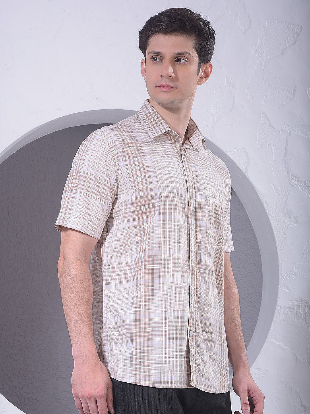 Beige Checked 100% Cotton Shirt