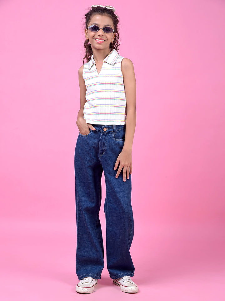 White Horizontal Stripes V-Neck Sleeveless Cropped T-Shirt