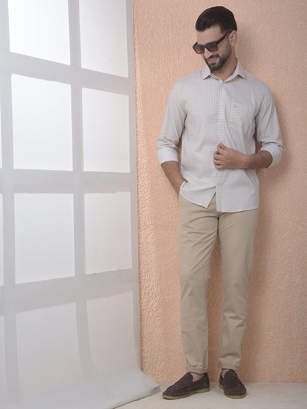 Beige Printed Modal Shirt