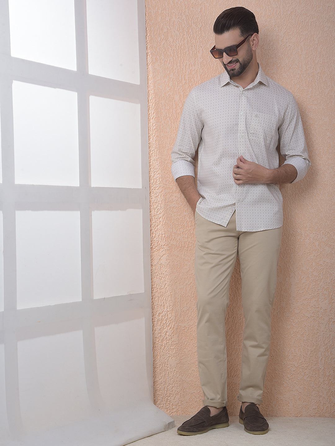 Beige Printed Modal Shirt