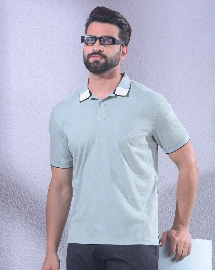 Green Jacquard Polo Neck T-Shirt