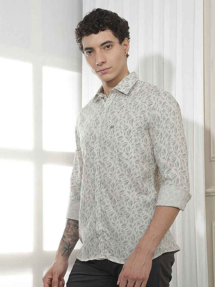 Green Botanical Print Linen Shirt