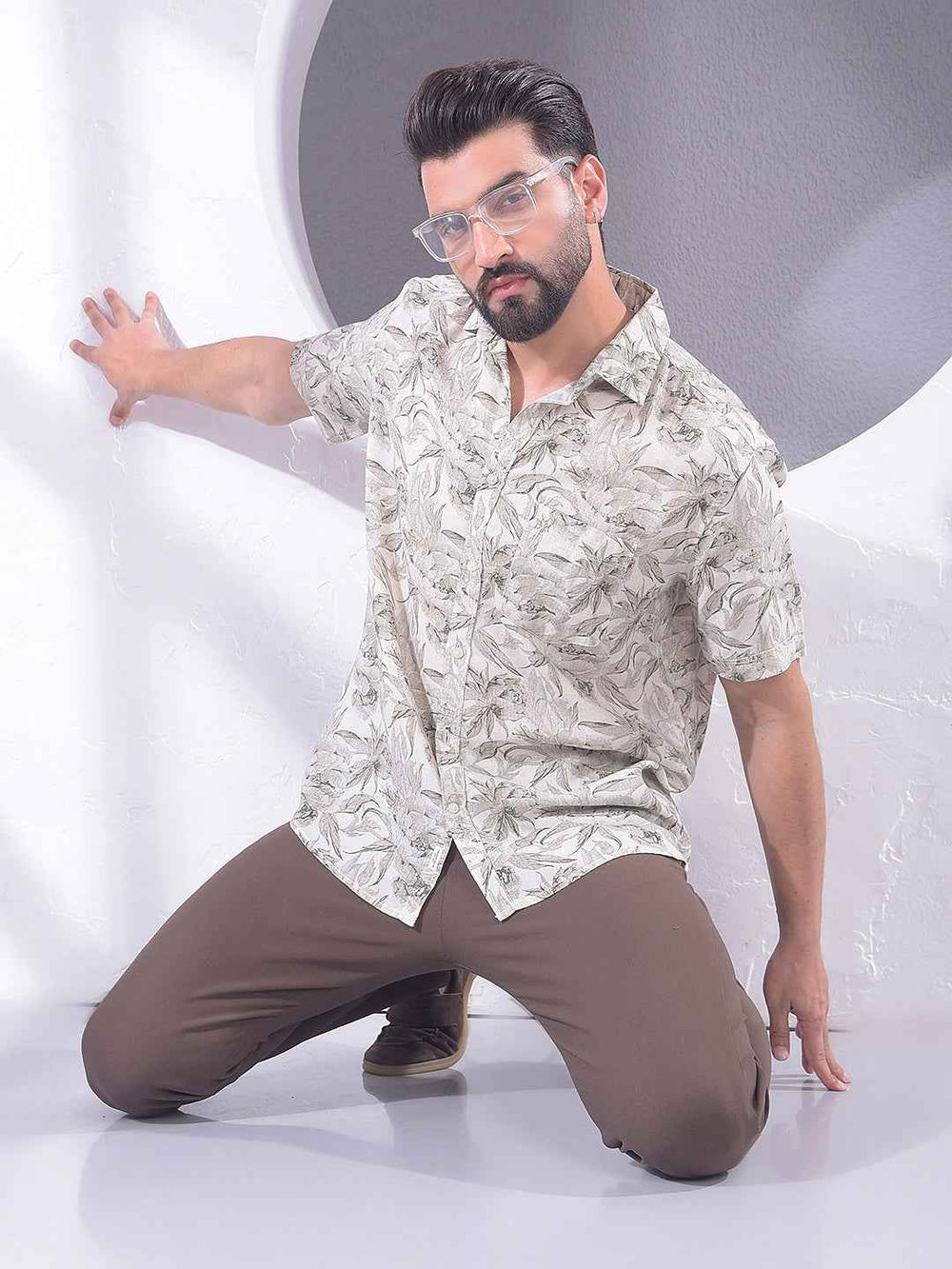 Grey Floral Print Linen Shirt