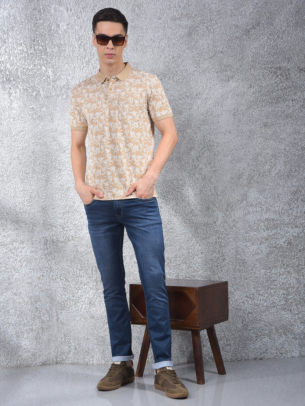Beige Floral Print Polo-Neck T-Shirt