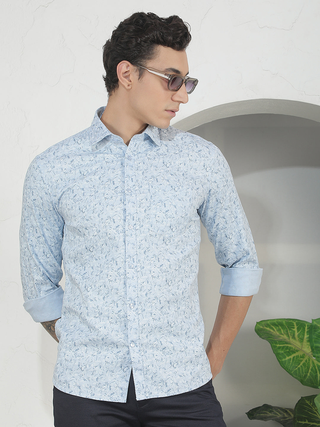 Sky Blue Floral Print Shirt