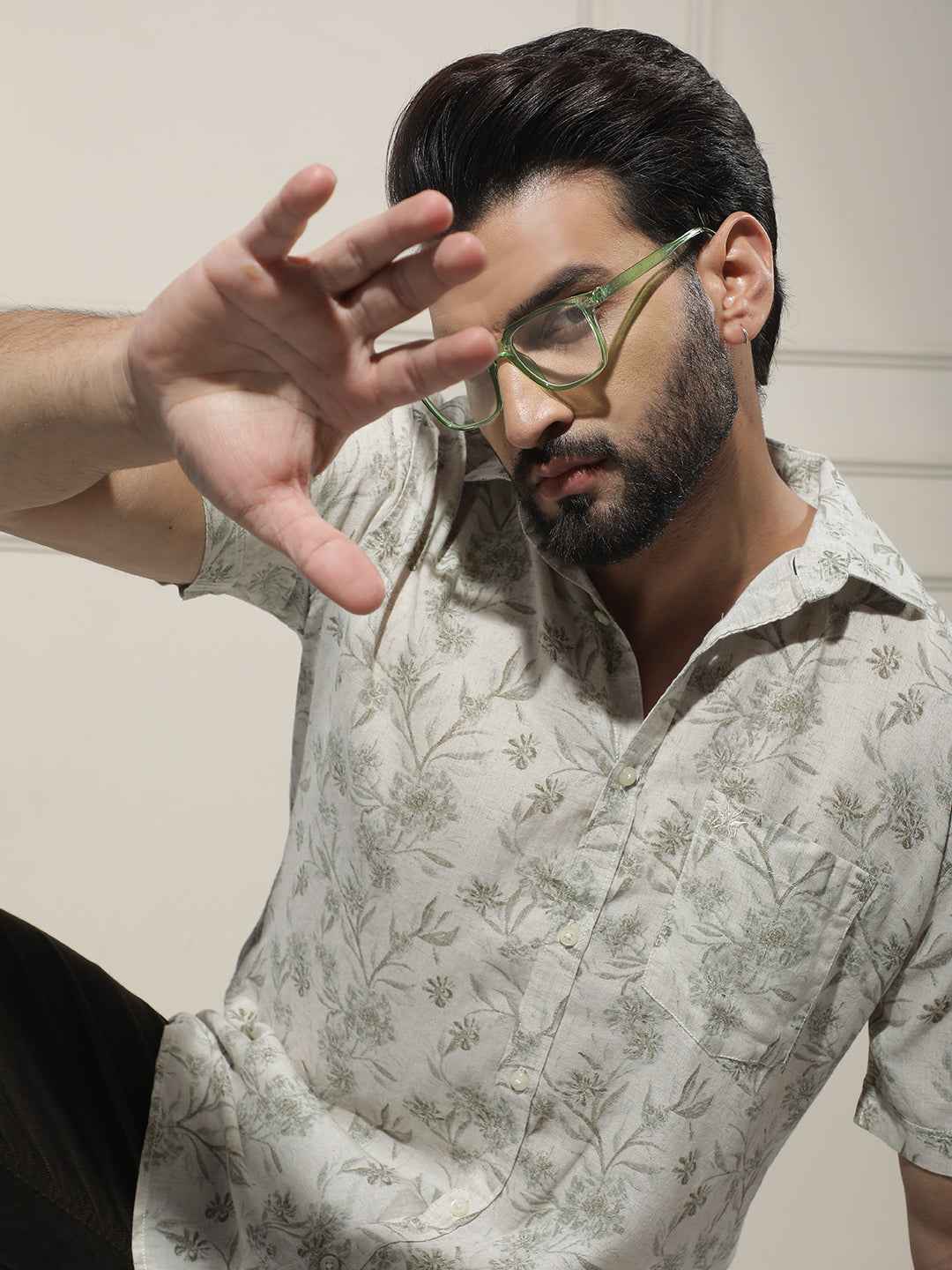 Green Floral Print Linen Shirt