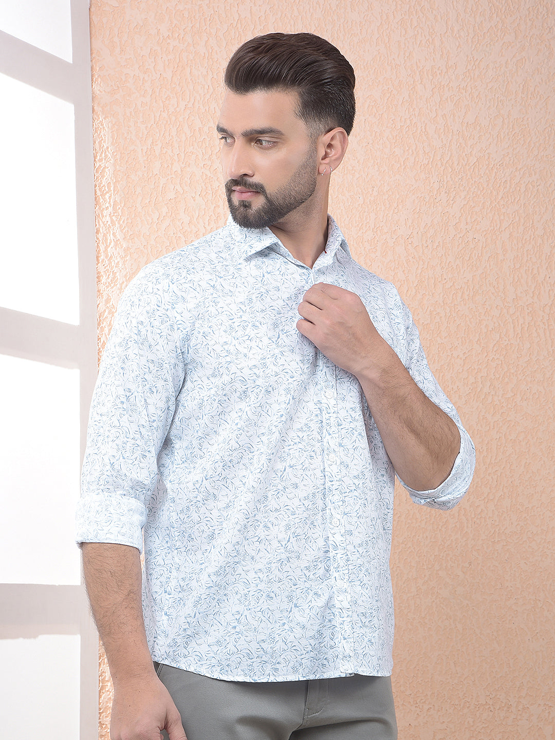 Blue Floral Print Linen Shirt