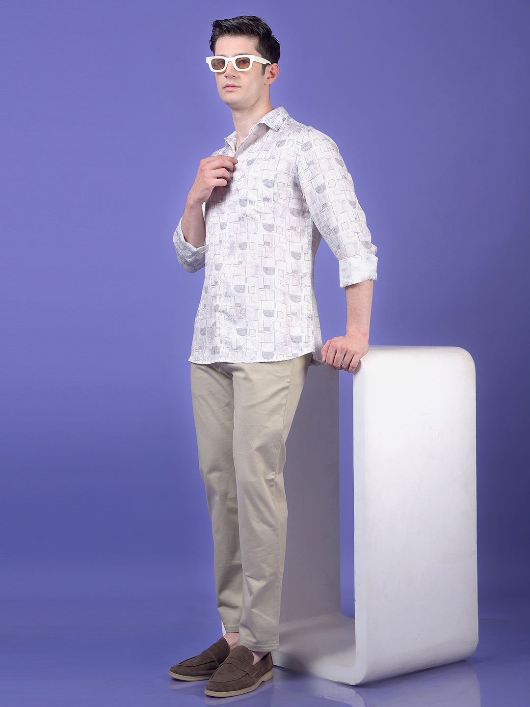 Off White Printed Linen Shirt