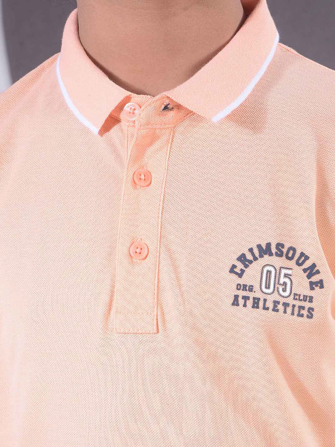 Peach Typographic Print Polo Neck T-Shirt