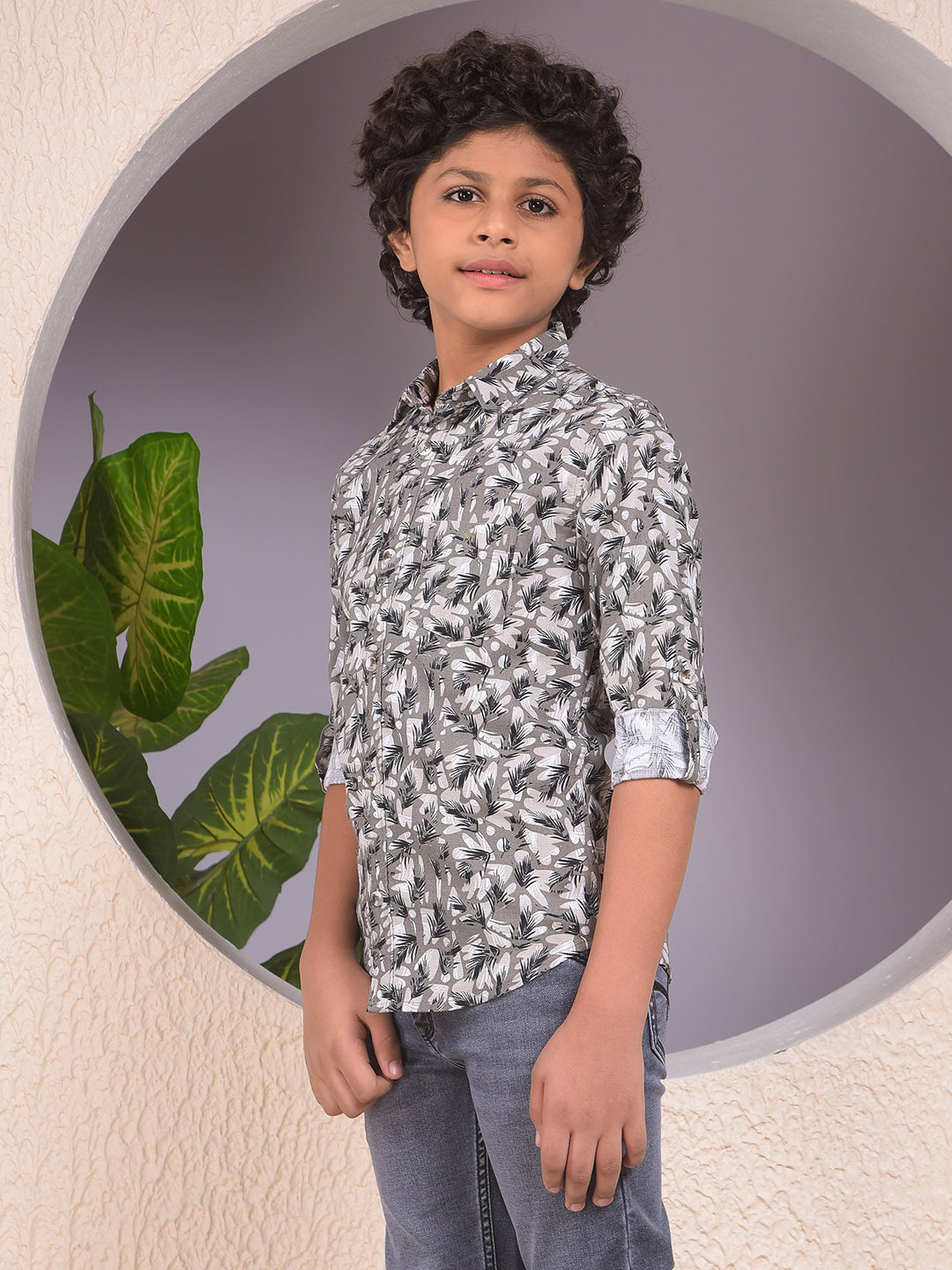 Soft-Hue Grey Floral Print Shirt