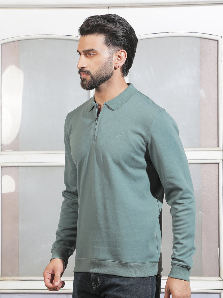 Green Polo Neck Front Open Sweatshirt