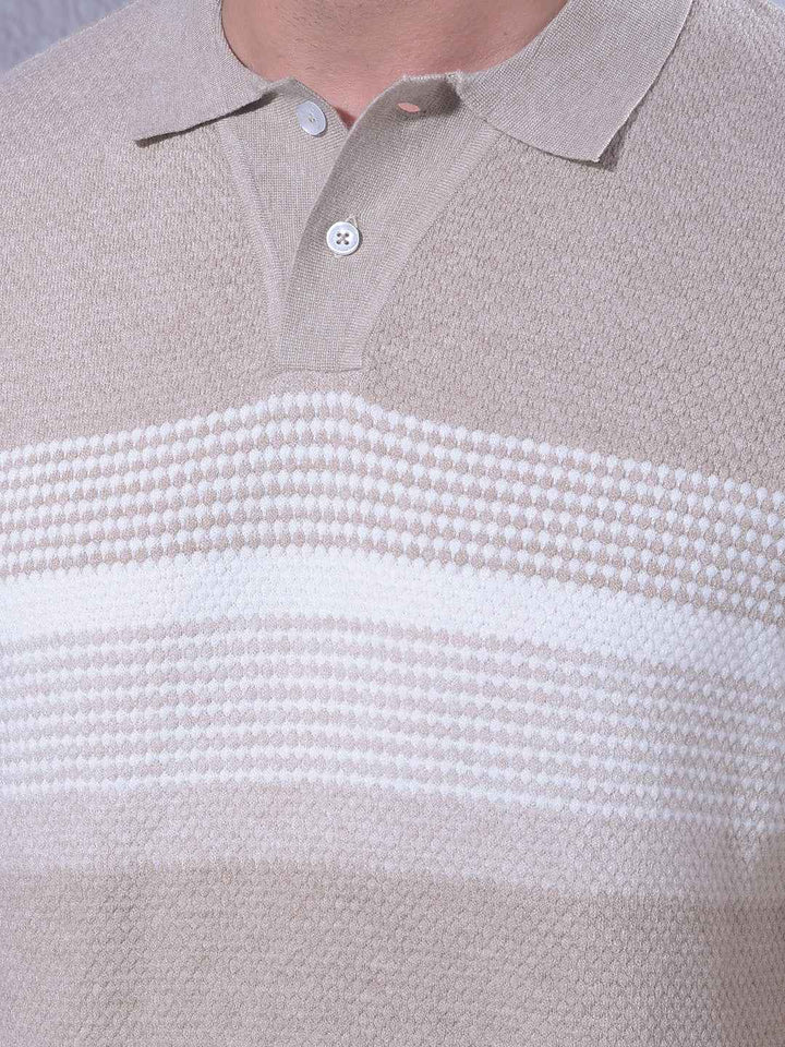 Beige Horizontal Stripes Knitted T-Shirt