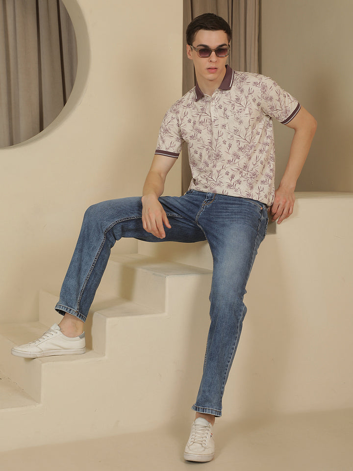 Purple Floral Print Polo Neck T-Shirt