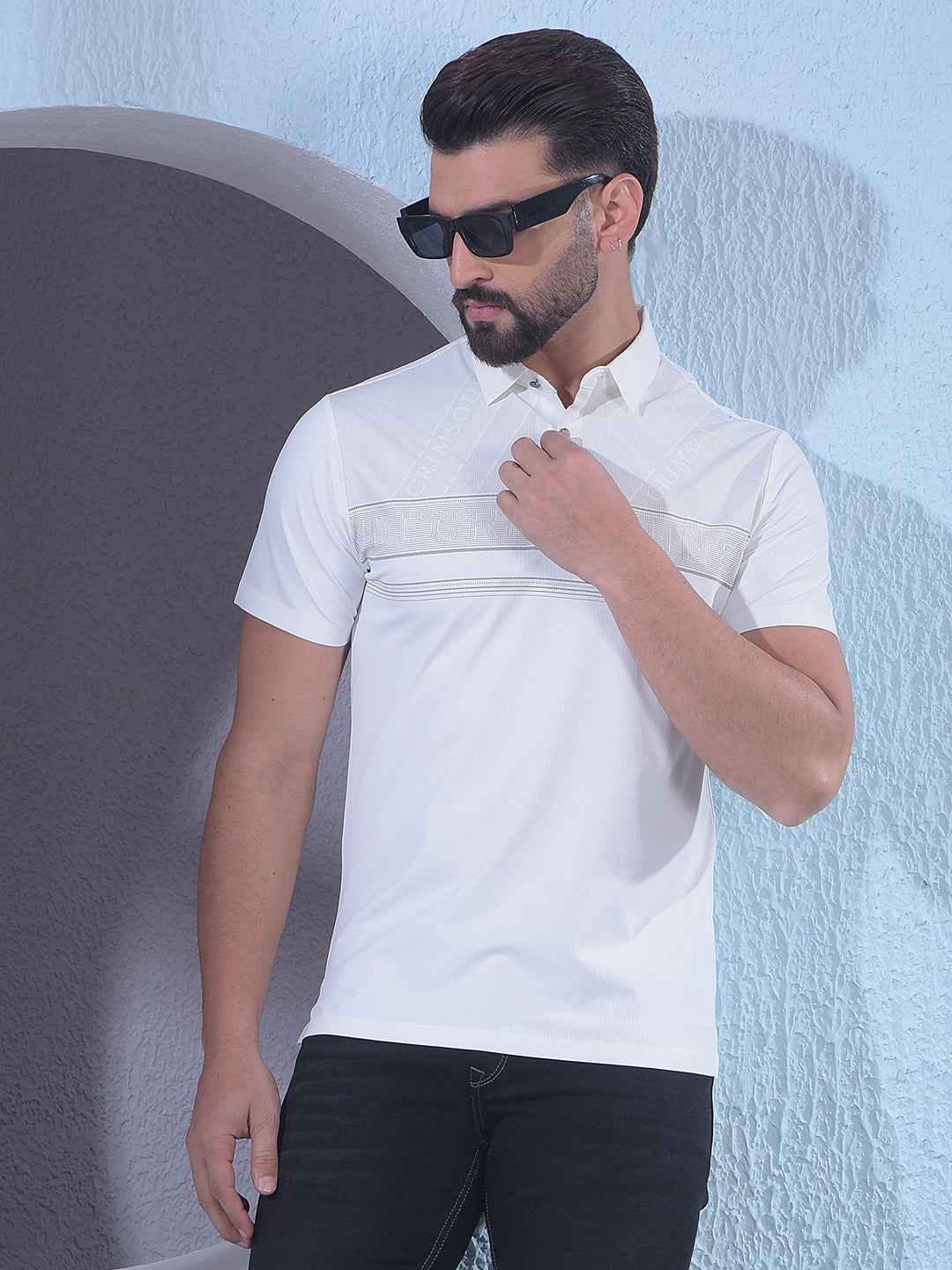 White Typographic Print Polo Neck T-Shirt