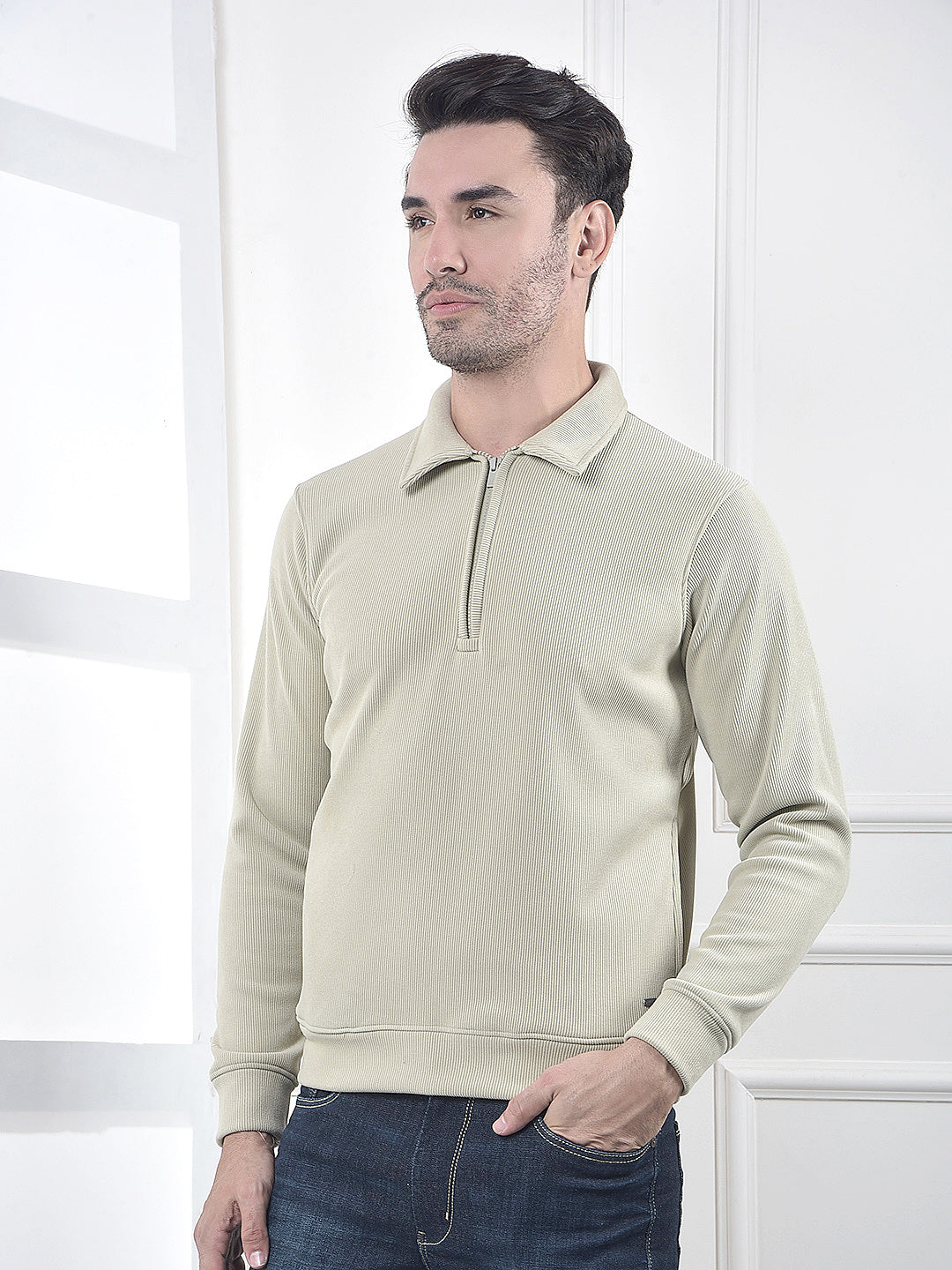 Beige Minimal Zip-Front Sweatshirt