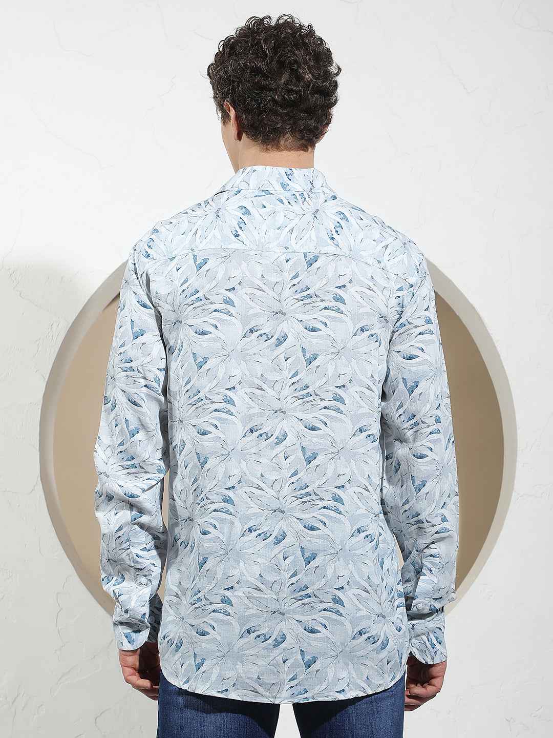 Blue Floral Print Linen Shirt
