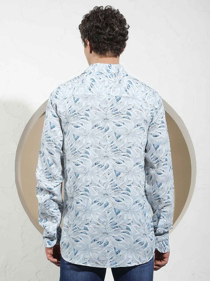 Blue Floral Print Linen Shirt