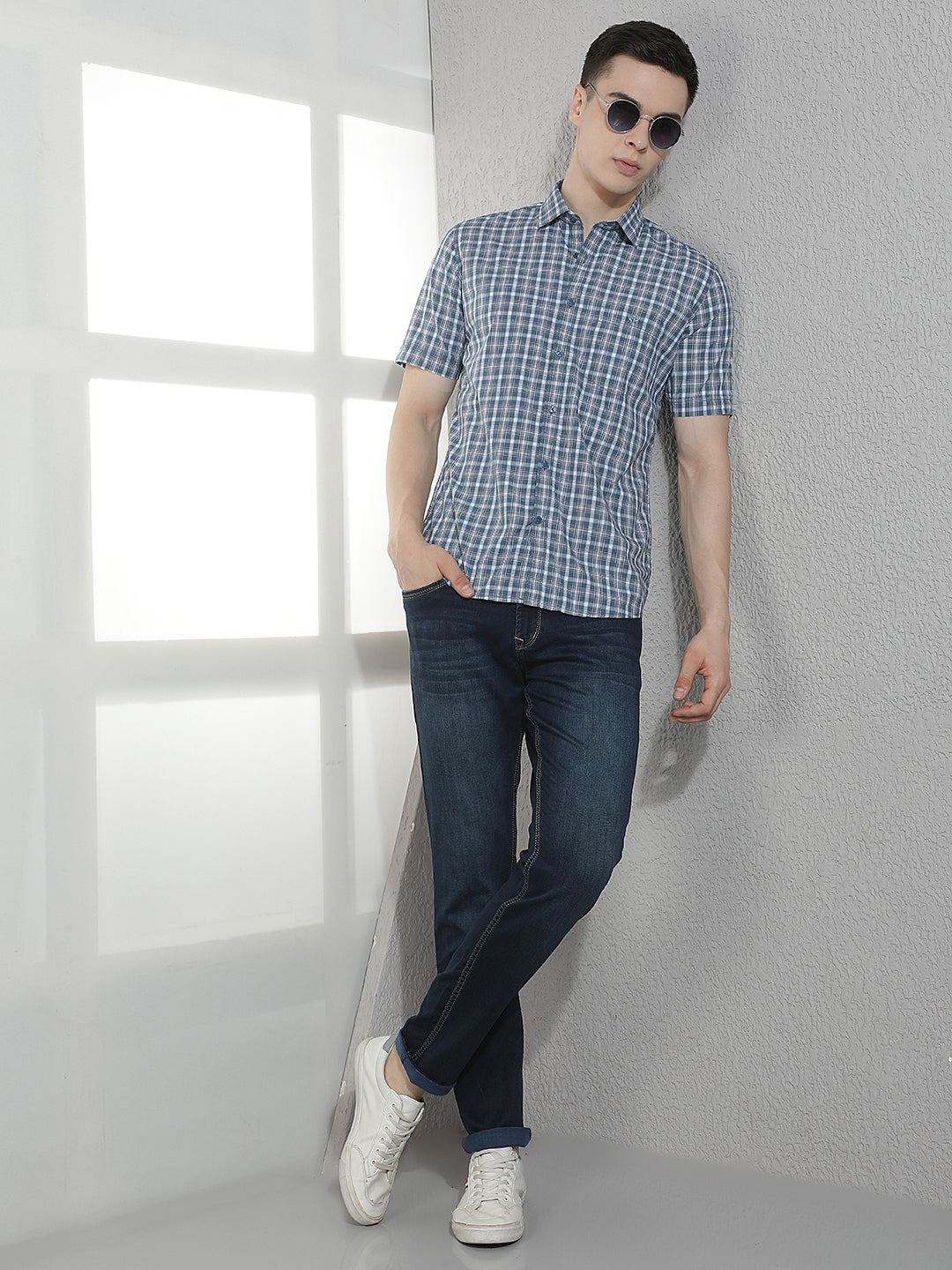 Blue Checked 100% Cotton Shirt-Men Shirts-Crimsoune Club