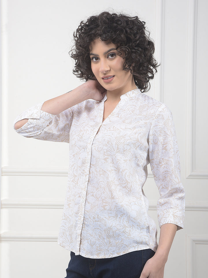 Beige Floral Print Linen Shirt