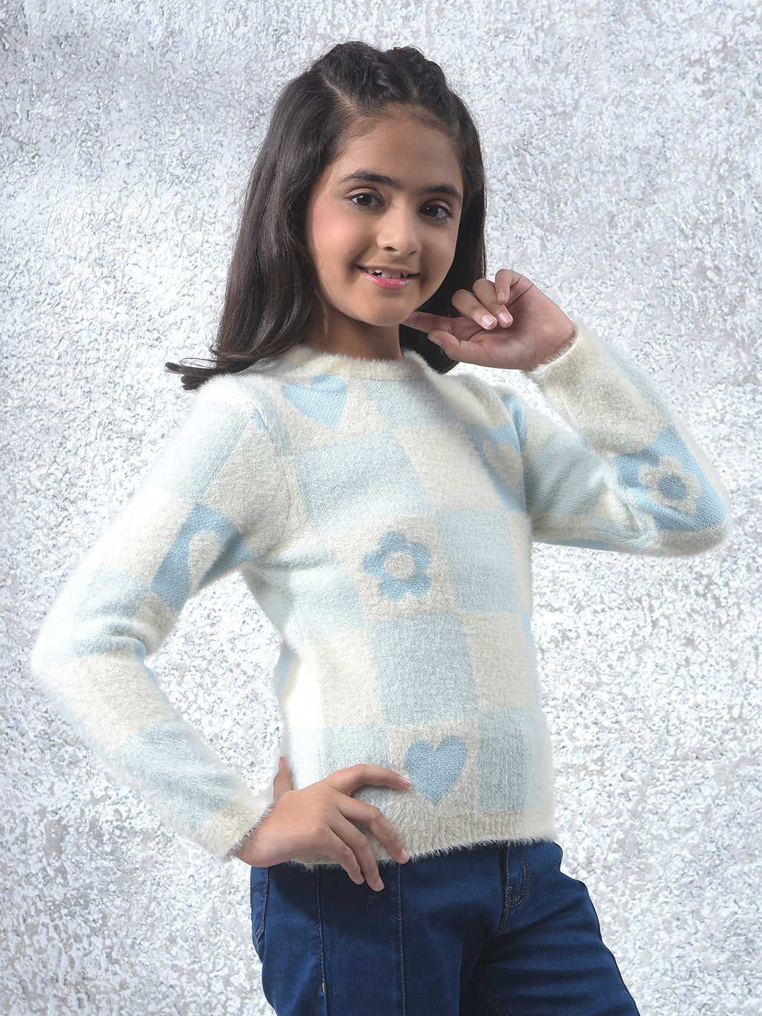 Blue Graphic Print Knitted Sweater