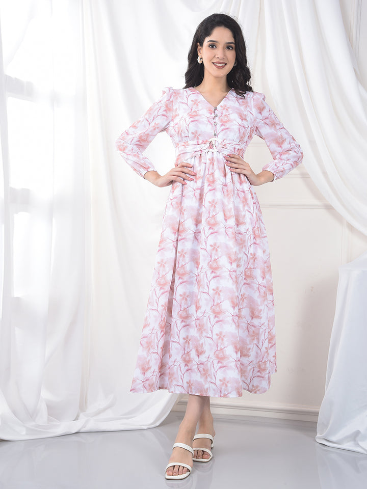 Peach Floral Print V-Neck A-Line Dress-Women Dress-Crimsoune Club