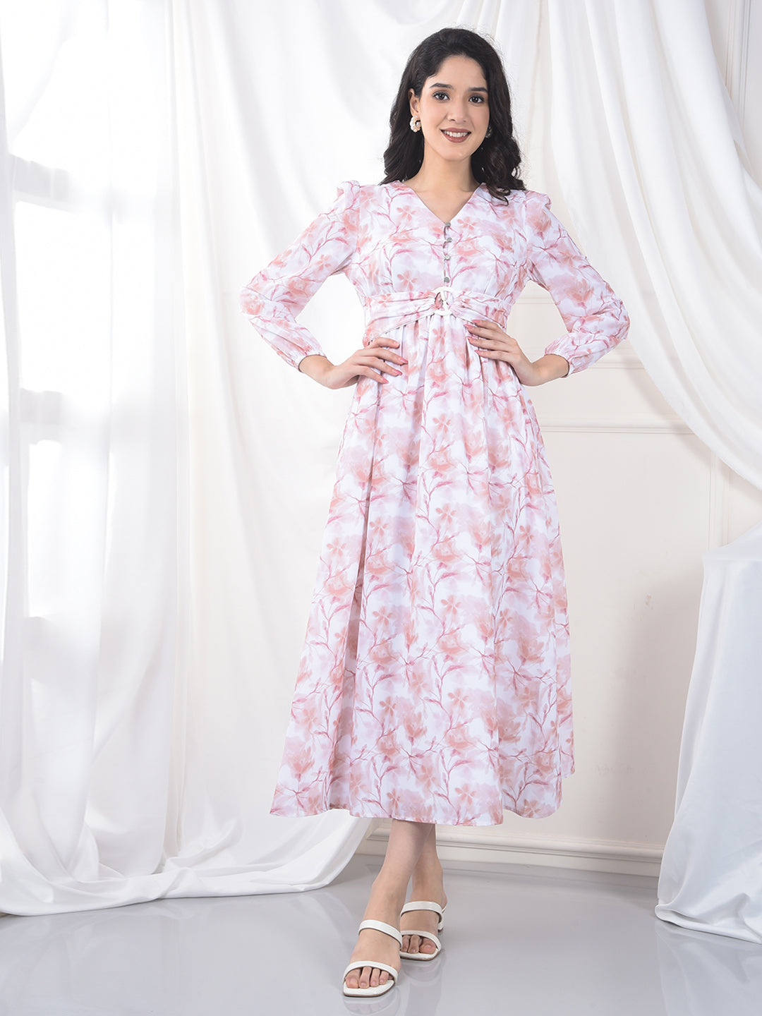 Peach Floral Print V-Neck A-Line Dress-Women Dress-Crimsoune Club