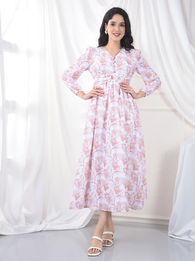 Peach Floral Print V-Neck A-Line Dress-Women Dress-Crimsoune Club