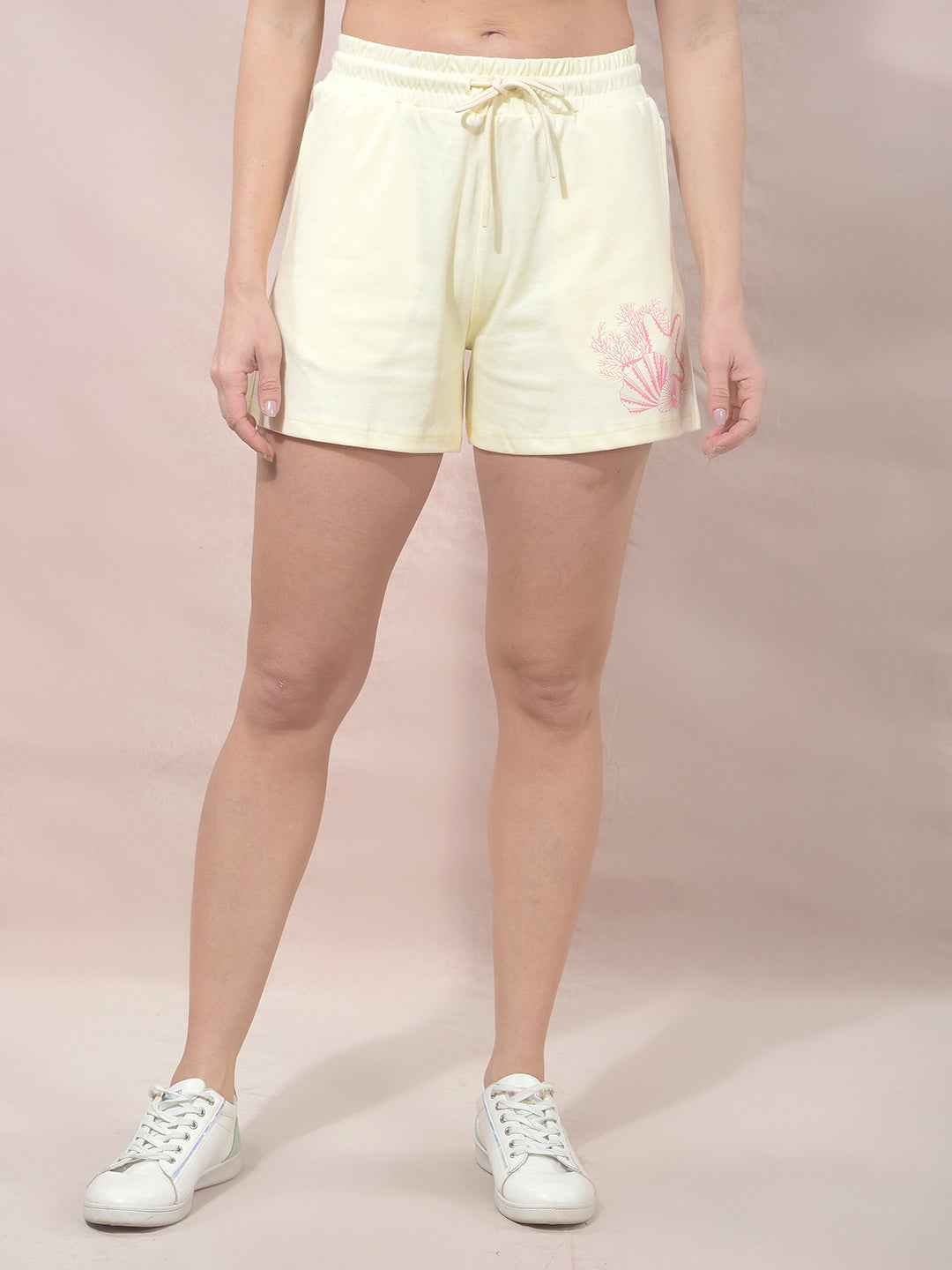 Yellow Embellished Mid-Thigh Length Shorts