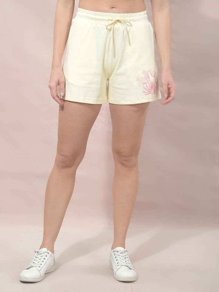 Yellow Embellished Mid-Thigh Length Shorts