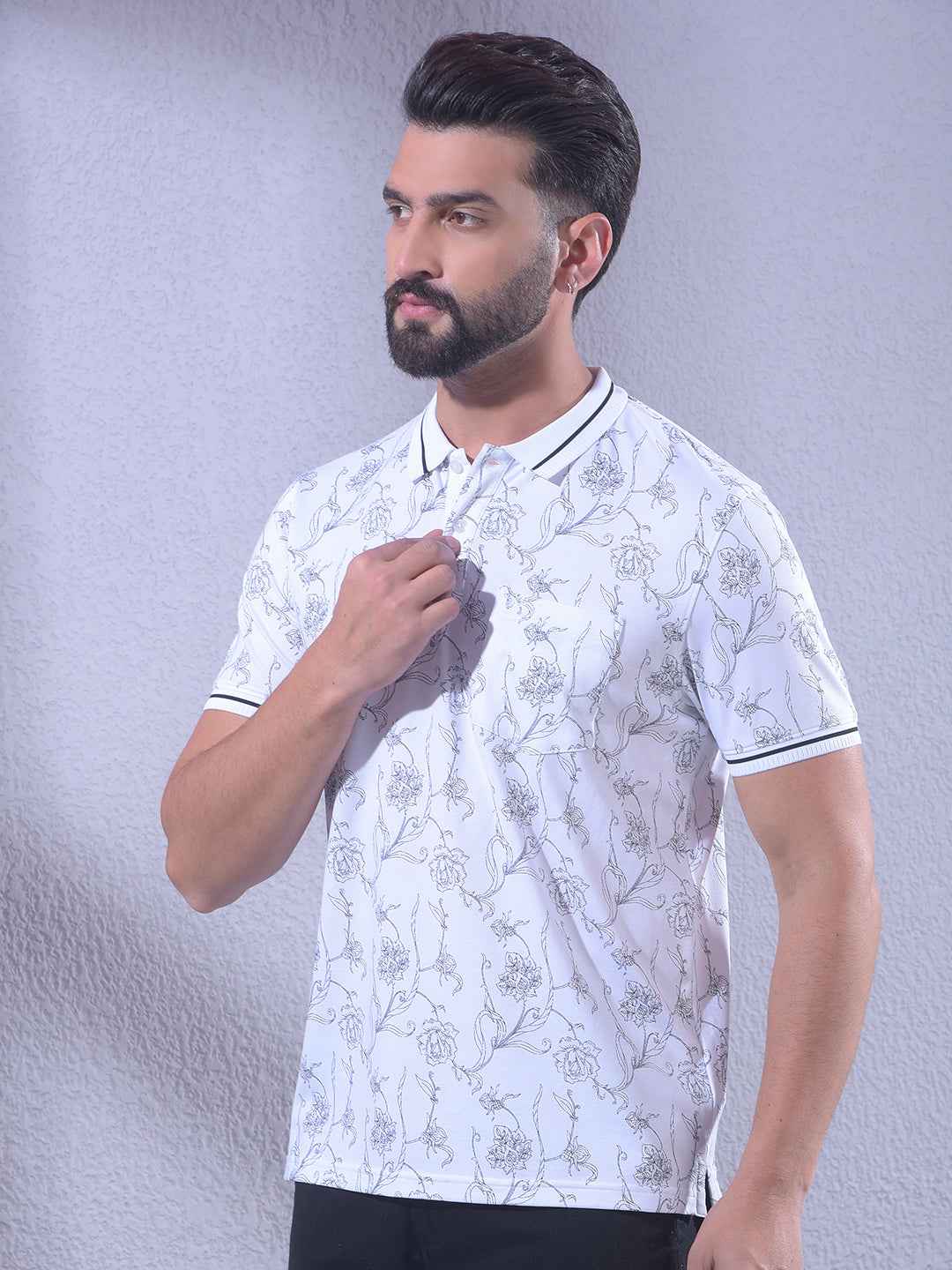 White Floral Print Polo Neck T-Shirt