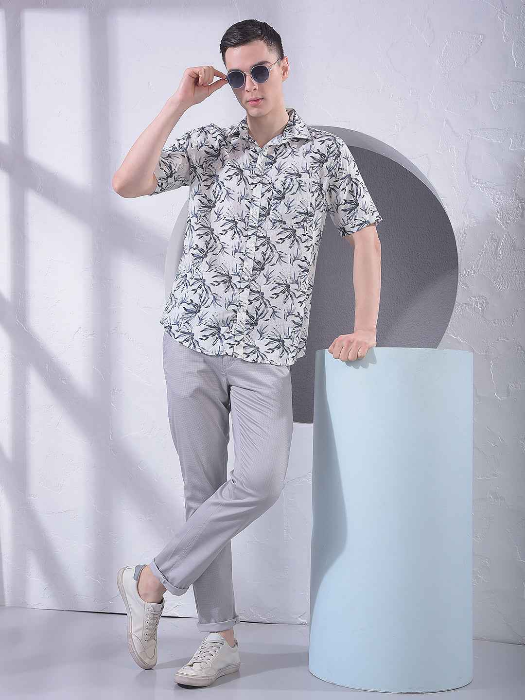 Blue Floral Print Linen Shirt