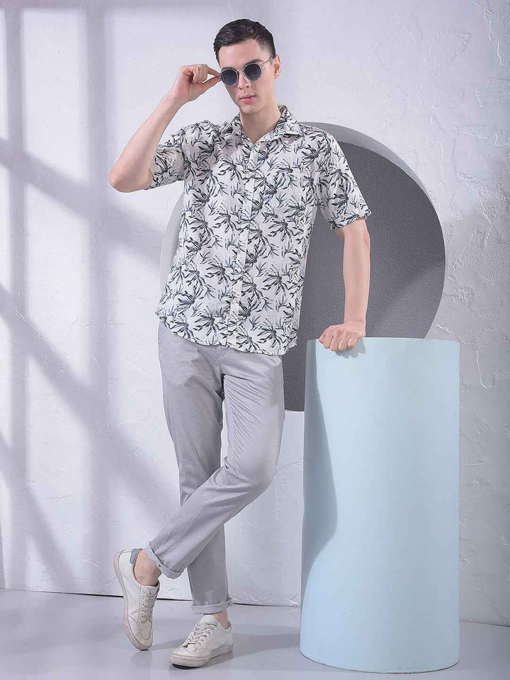 Blue Floral Print Linen Shirt
